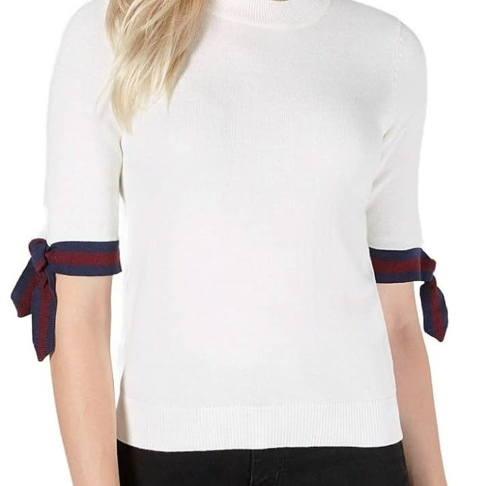 Maison Jules Womens Ivory Short Sleeve Sweater Ribbon Cuff Ties White Medium‎